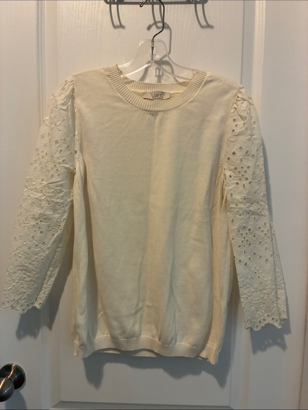 LOFT Cream Eyelet Sleeve Crewneck Sweater